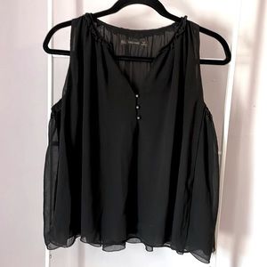 Zara Basic Flowy V-Neck, Sleeveless Blouse, Black, Size Small